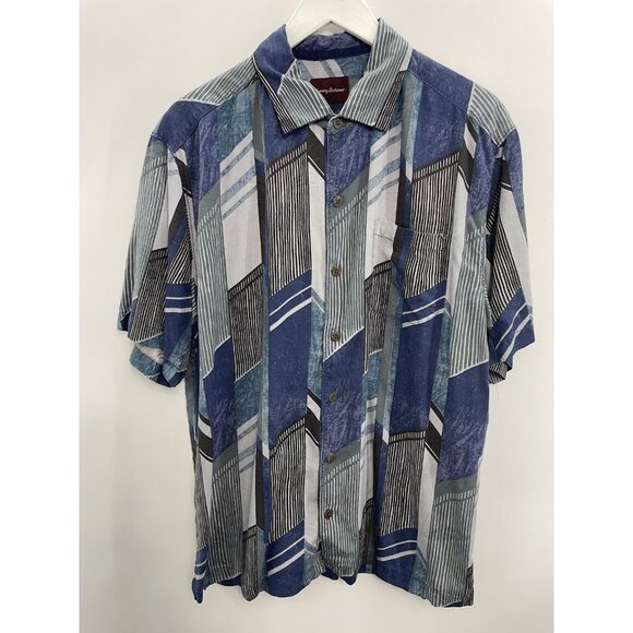 Tommy Bahama Silk Casual Shirt Button Up Abstract Artsy Vacation Blue Gray L - Picture 1 of 7